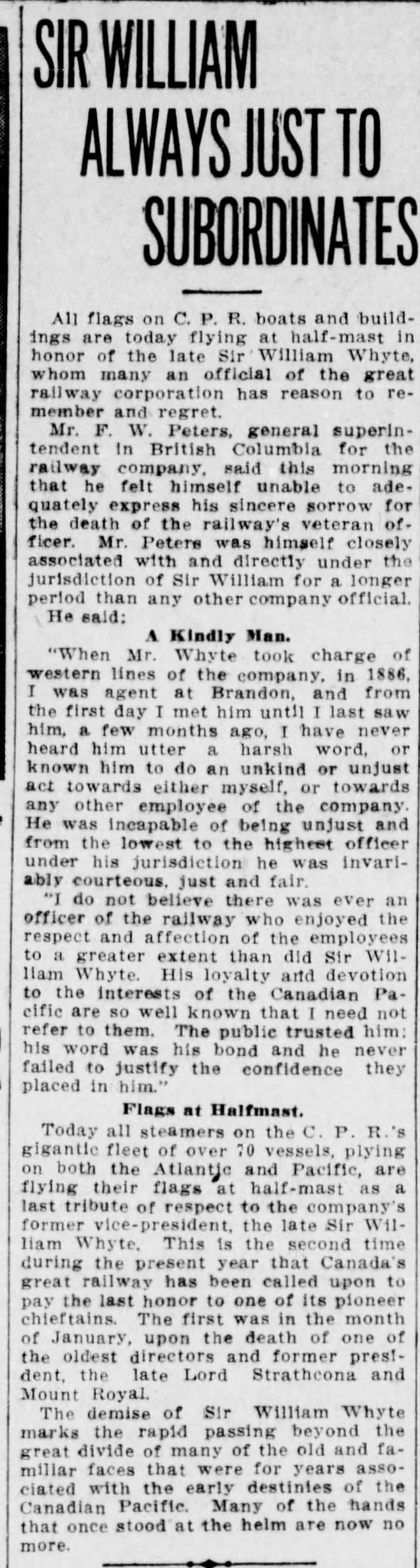 Newspaper scan: F. W. Peters remembers his former chief (second clipping)