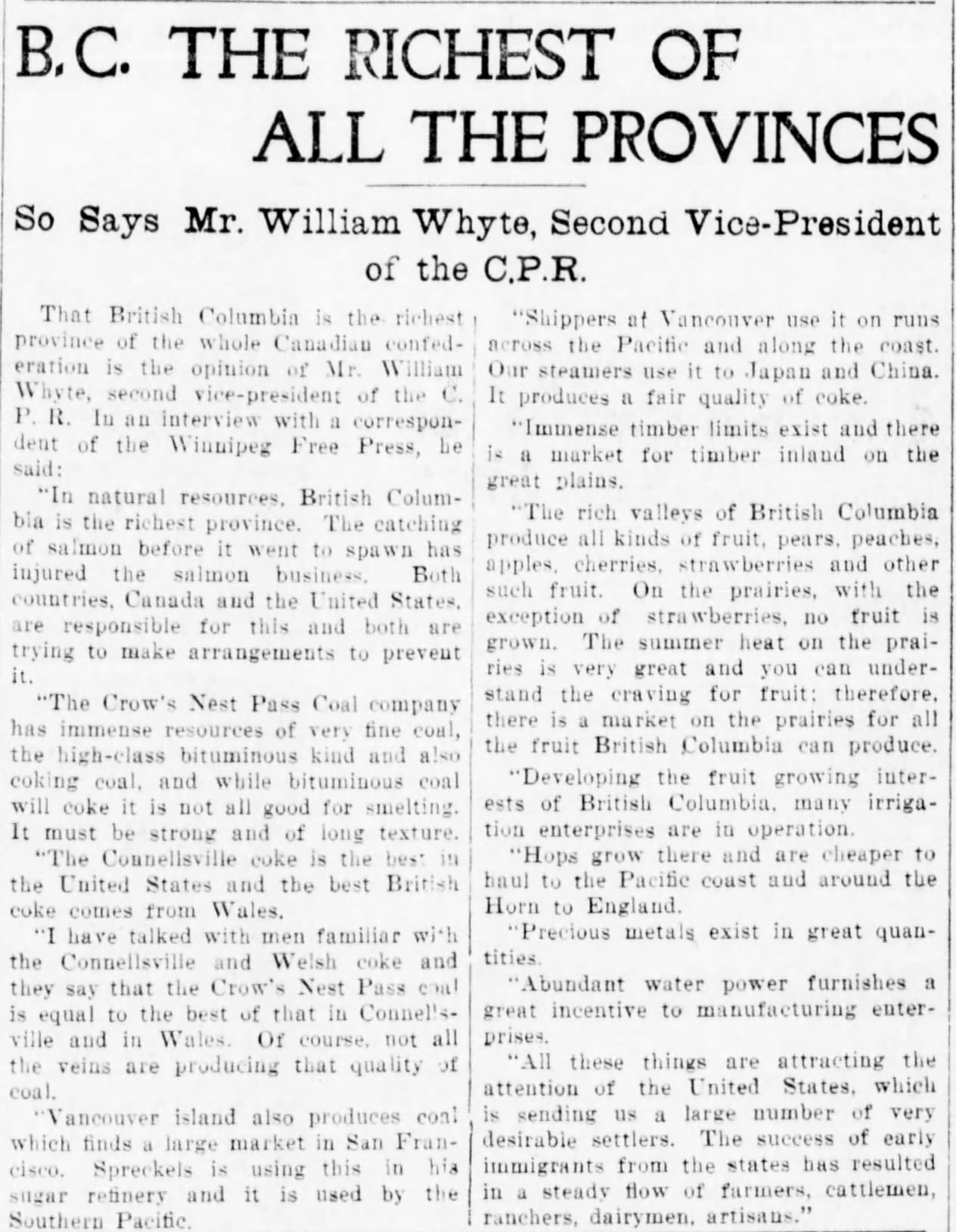 Newspaper scan: British Columbia's resources and their future