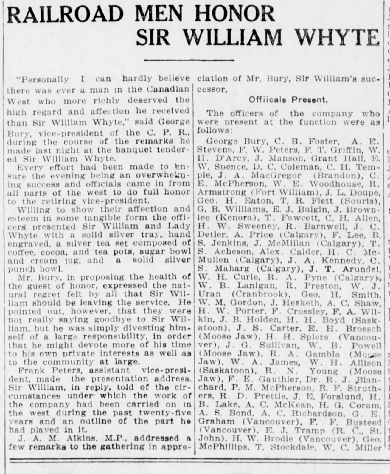 Newspaper scan: Railwaymen honour William Whyte