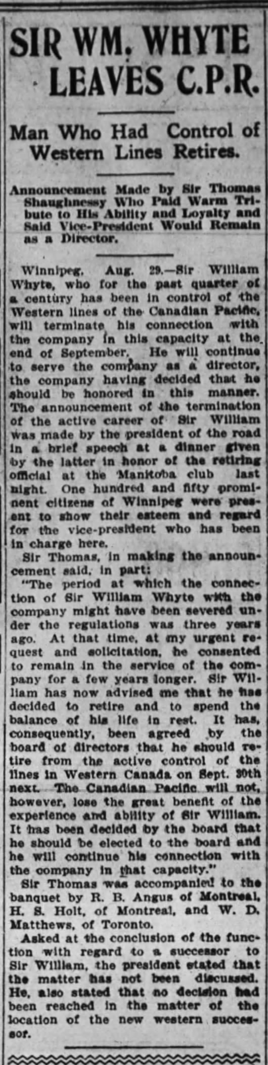 Newspaper scan: Retirement and a Manitoba Club dinner