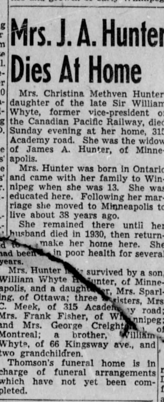 Newspaper scan: Mrs. J. A. Hunter's obituary