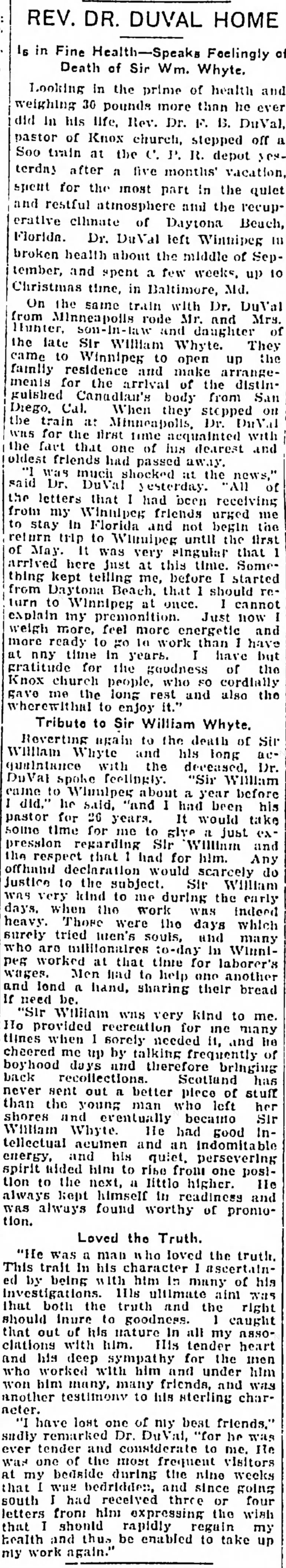 Newspaper scan: Dr. DuVal and the family's return