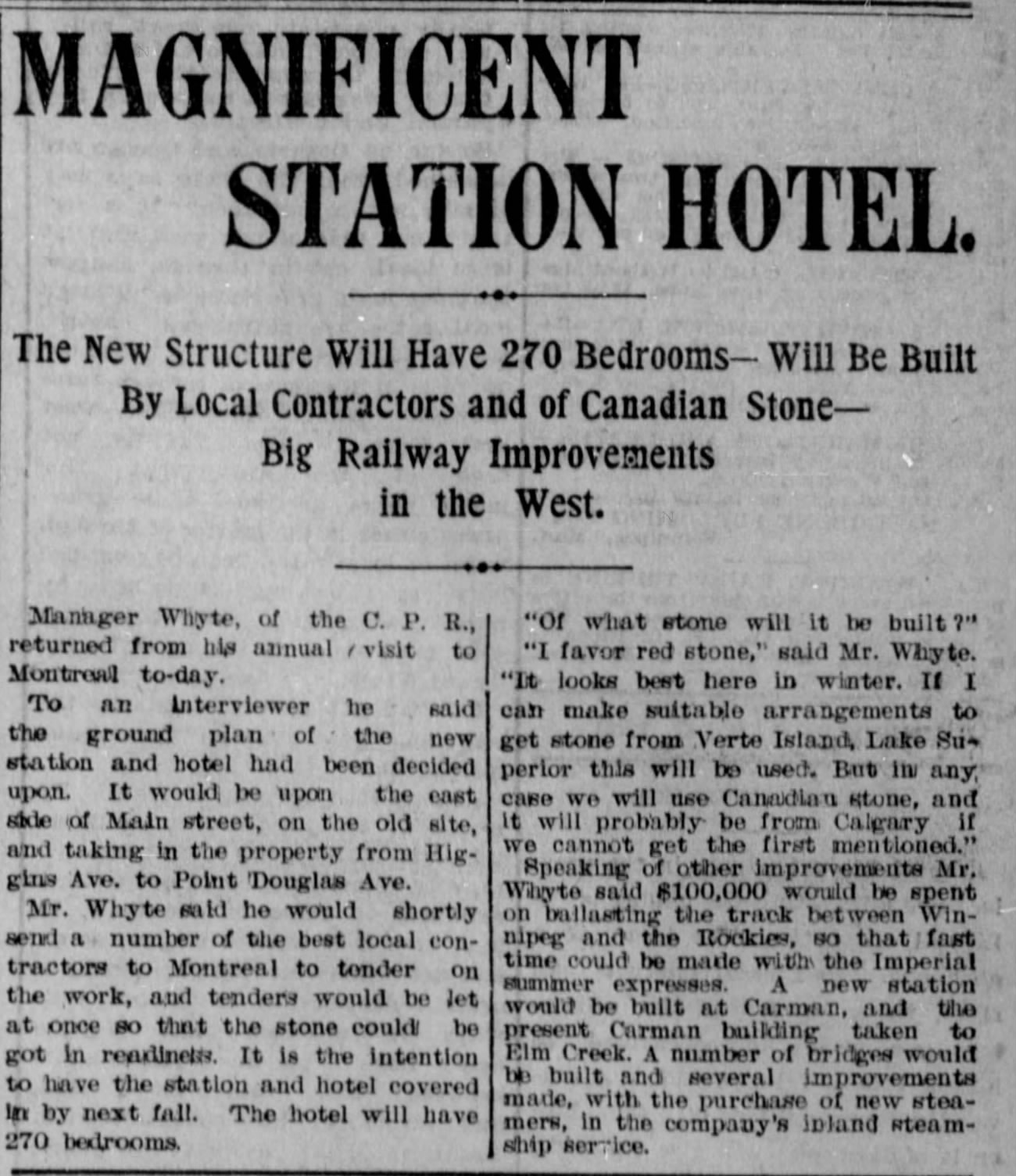 Newspaper scan: A station hotel proposed for Winnipeg