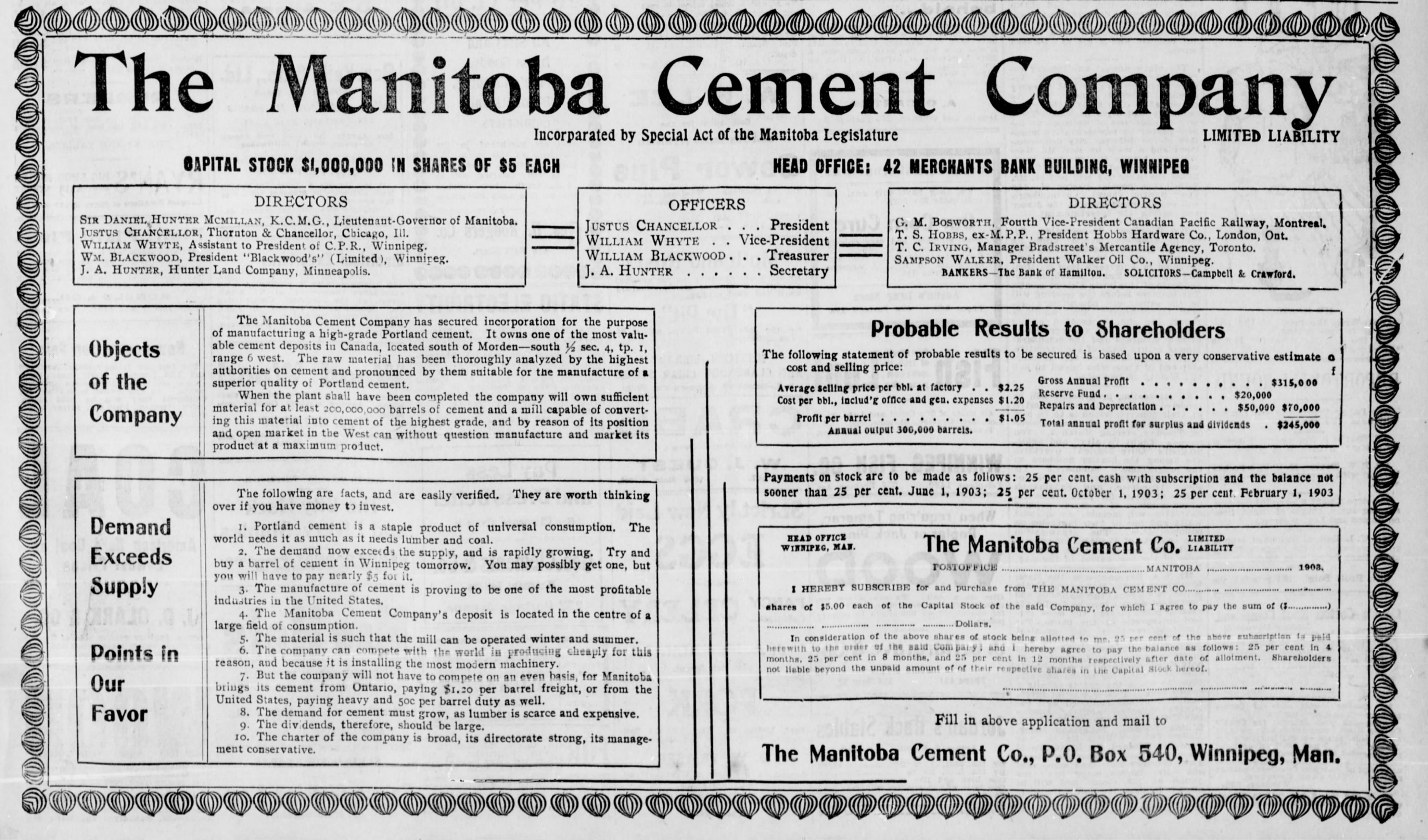 Newspaper scan: The Manitoba Cement Company prospectus
