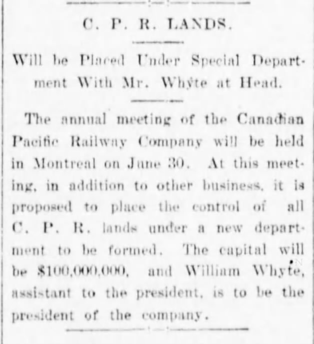 Newspaper scan: A proposed CPR land company